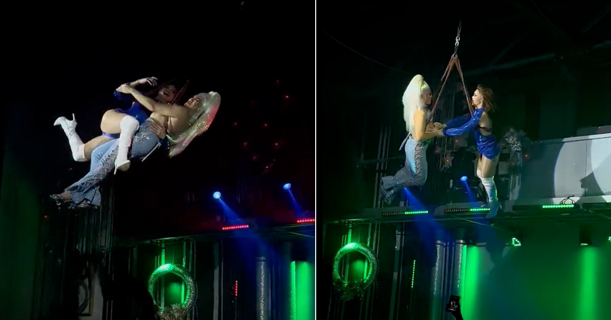 Drag Queens Fall On Top of Audience After Their Harness Fails