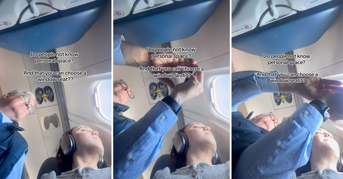 Woman Films Man Next to Her Encroaching on Her Personal Space to Take Pics Out Plane Window