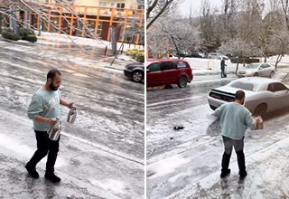 Guy Attempts to Pour Boiling Water on a Frozen Windshield but Spills It on Himself Instead