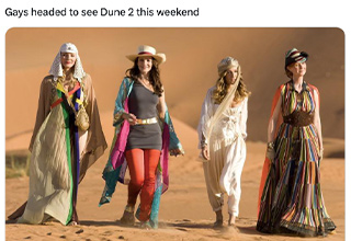 <p dir="ltr">For a second there I thought <em>Dune Part Two</em> was just a money laundering scheme in order to produce inappropriate popcorn buckets.</p><p data-empty="true"><br></p><p dir="ltr">The wait is finally over as <em>Dune Part Two</em> was released yesterday. The internet has been so hyped for this movie it’s already overflowing with memes about sand, worms, and sandworms.</p><p data-empty="true"><br></p><p dir="ltr">The movie, based on the pioneering 1960s science fiction novel, has a star-studded cast that has already become a meme during the promotion of the film. Zendaya stunned in a new robot outfit that had people wondering where she contained her farts. Austin Butler left the Elvis set to be a bald Elvis. And no one knew Anya Taylor Joy was even in this film until she turned up at the premiere.</p><p data-empty="true"><br></p><p dir="ltr">Get your blue eye contacts, and filthy popcorn bucket and scroll down to experience Arrakis through the internet’s terrible humor.&nbsp;</p>