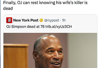 <p>After nearly three decades of denying involvement in the murder of his wife, Nicole Simpson Brown, iconic linebacker, Ford Bronco driver, and alleged killer, OJ Simpson died on Wednesday. He was 76 years old.&nbsp;</p><p><br></p><p>"On April 10th, our father, Orenthal James Simpson, succumbed to his battle with cancer," read a message <a href="https://twitter.com/TheRealOJ32/status/1778430029350707380?ref_src=twsrc%5Egoogle%7Ctwcamp%5Eserp%7Ctwgr%5Etweet" rel="noopener noreferrer" target="_blank">shared to his Twitter page</a> by his family on Thursday morning, nothing the ex-NFL star "was surrounded by his children and grandchildren" at the time of his passing.&nbsp;</p><p><br></p><p>Yet as Simpson's family mourns, Twitter had a whole lot to say. From questions about a white Bronco-led funeral procession to Khloé Kardashian's response to the news, here are the best tweets and reactions to Simpson's passing.&nbsp;</p>