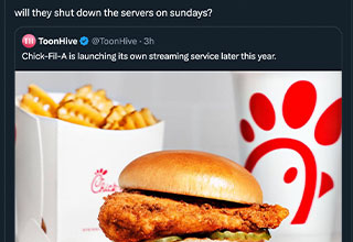 <p>Have you ever queued up Netflix, Hulu or Max, and felt that there was just something ... missing? Weird religious undertones? A deep reverence for the sanctity of Sundays? Notes of ... fried chicken seeping through the screen? If so, you're strange, zealous dreams may soon come true as fast food giant Chick-fil-A is reportedly looking to launch its own streaming service, <a href="https://deadline.com/2024/08/chick-fil-a-hatches-streaming-service-1236044196/" rel="noopener noreferrer" target="_blank">according to Deadline</a>.&nbsp;</p><p><br></p><p>But while the world waits to see whether Chick-fil-A+ manages to produce an Emmy Award-winning documentary on The Great Chicken Sandwich Wars of 2019, we have these hilarious tweets to tide us over.&nbsp;</p><p><br></p><p>From a glimpse at the platform's content mandate to Don Draper's reaction to the news, here are 24 memes and reactions to Chick-fil-A's rumored streaming service.&nbsp;</p>