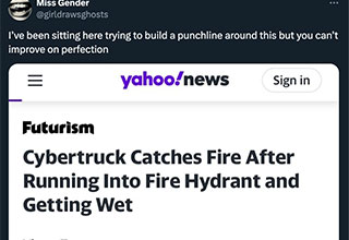 <p>After nearly a century of holding the title of the most powerful short story ever told, "For sale: baby shoes, never worn" has met its match: "Cybertruck Catches Fire After Running Into Fire Hydrant and Getting Wet."</p><p><br>But while your Tesla vehicle may be at risk of a perfectly sardonic demise, per <a href="https://futurism.com/the-byte/cybertruck-fire-water" rel="noopener noreferrer" target="_blank"><em>Futurism</em>'s now-viral</a> headline, these tweets are 100% flame — and irony — retardant.&nbsp;</p><p><br></p><p>From Armie Hammer's Lana Del Rey tribute to men discovering that hand hygiene wasn't invented in 2020, here are the 33 funniest tweets from Today, Friday, August 30, 2024.&nbsp;</p>