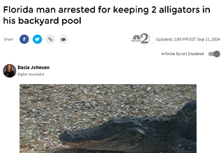 <p>Life has three certainties: Death, taxes, and "Florida Man" — the superhero America needs <em>and </em>deserves — continuing his time-honored tradition of doing the most bats—t things in recorded history. Just take a look at the most recent crop of headlines dealing his latest — and likely drug-fueled — exploits.</p><p><br></p><p>From illegally keeping a pair of 'gators to poor attempts at peddling meth in a strip mall, here are the 22 most "Florida Man" headlines of the month.&nbsp;</p>