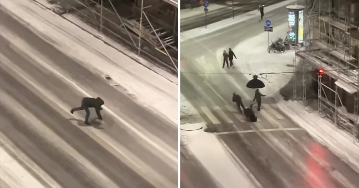 Watch Every Single Person Slip on This Icy Road