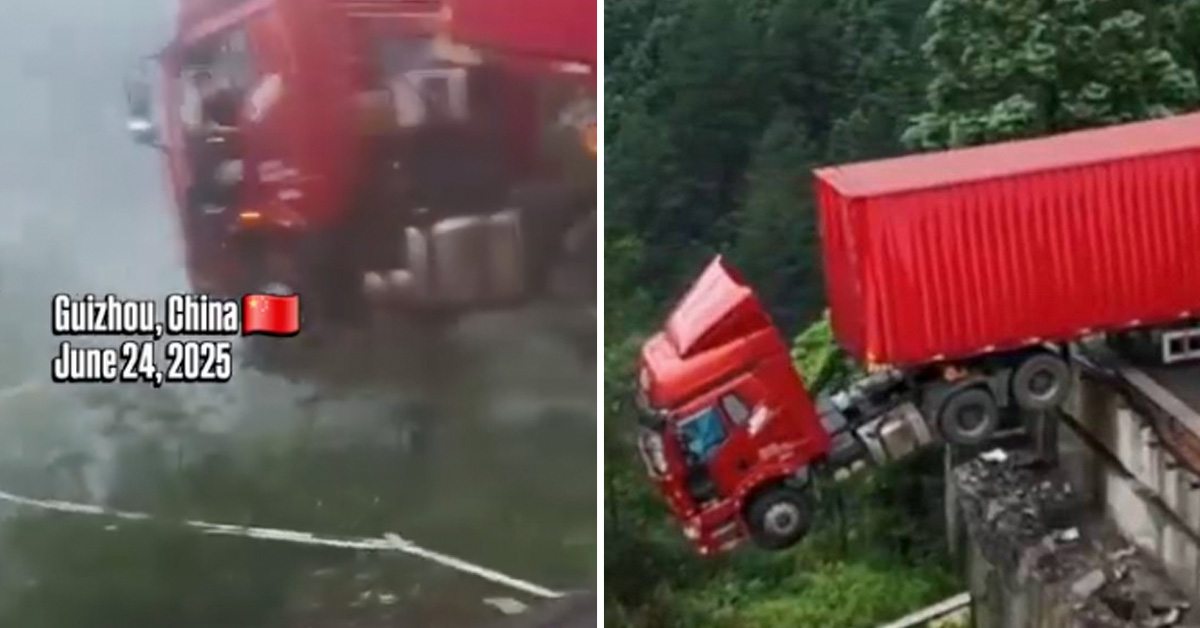 Landslide Causes Bridge to Collapse, Leaving Truck Driver Hanging Off the Edge