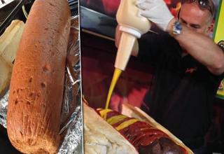 The mammoth hot dog at the Miami-Dade County Fair  Exposition weighed a total of 125.5 pounds. It was made by Juicy's Outlaw Grill, which also holds the record for largest commercially available burger.
