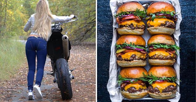 woman walking with a motorbike and tray of burgers