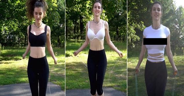 Busty Babe Demonstrates Jumping Rope With And Without A Sports Bra
