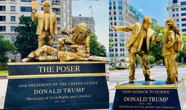 Artist depicts Trump as live statues