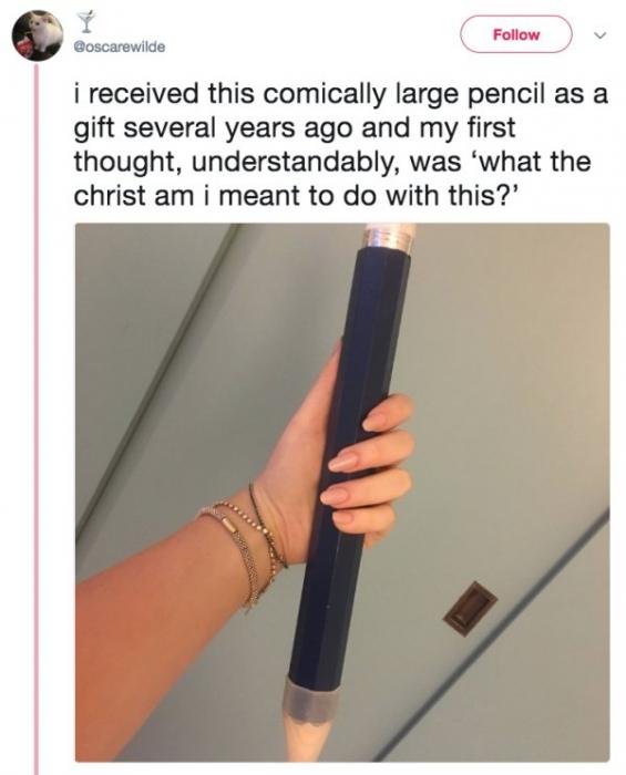 Girl trolls classmates with comically large pencil