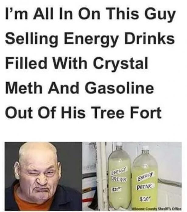 Crazy man gets caught selling his "energy drinks"