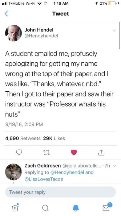 Student mistakenly calls professor "whats his nuts"