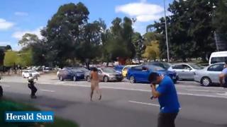 Nonchalant naked guy pursued by mob