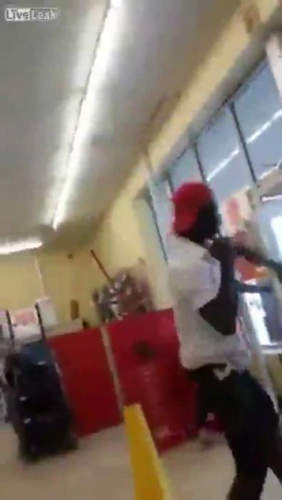 Shoeless bum gets KO'd by worker at family store