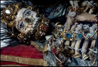 Art historian Paul Koudounaris hunted down these jewel encrusted skeletons in secret Catholic vaults. Those are the remains of Catholic martyrs dug up from Roman catacombs. They were sent to churches across Europe to replace relics destroyed in Reformation. Some took up to five years to decorate in gold, silver and gemstones.