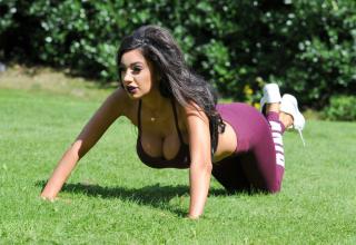 Squeezed into a pair of super-tight leggings and a teeny crop top, Celebrity Big Brother starlet Chloe Khan is seen working up a sweat at her luxury home..
