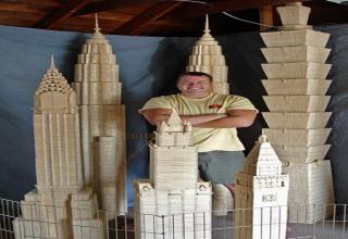 Stan Munro spent six years, used 6 million toothpicks, and 170 gallons of glue to create a 1:65 scale model of some of the most amazing structures in the world.  I once built a volcano looking thing out of mashed potatoes and aliens came a few days later.