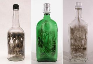 Artist Jim Dindzhilian creates unusual drawings inside bottles.