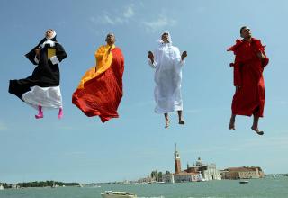 Li Wei is a contemporary artist from Beijing, China. His work often depicts him in apparently gravity-defying situations.  Li Wei states that these images are not computer montages, but that he uses mirrors, metal wires, scaffolding and acrobatics.