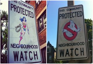 Artist Andrew Lamb has been helping scare away criminals in Toronto by adding a variety of TV and movie characters to the local neighborhood watch signs.