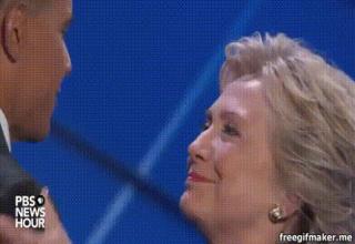 hillary cackling, farting on US flag, barack hussein punches US flag and hillary cheers, cringe gaze in obama's eyes