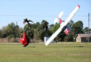 An 87 year old pilot strikes a sky diver.  The plane crashed, but both people survived.