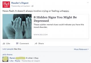 I think she's also been stuck at the Reader's Digest fan page for months.
