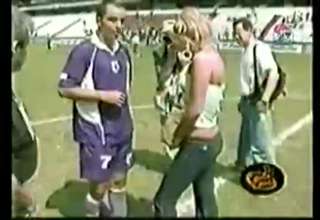 Hot reporter wants soccer player to autograph her butt